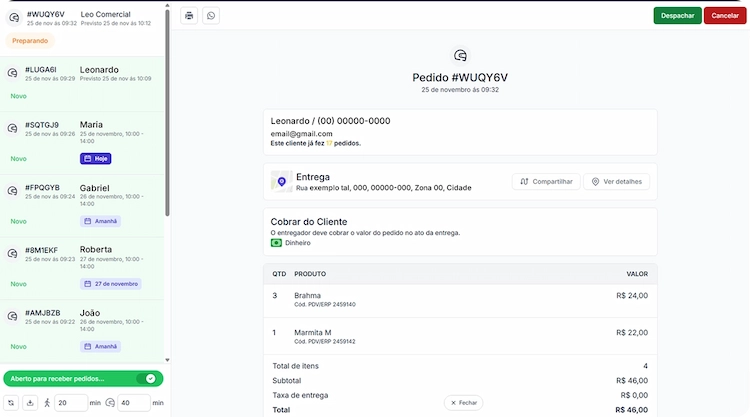 Tela de Pedidos - Vina Delivery